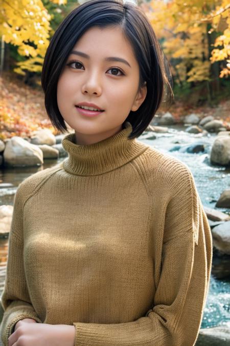 1girl,(wearing turtleneck sweater:1.2),(RAW photo, best quality), (realistic, photo-realistic:1.4), masterpiece, an extremely delicate and beautiful, extremely detailed, 2k wallpaper, Amazing, finely detail, extremely detailed CG unity 8k wallpaper, ultra-detailed, highres, soft light, beautiful detailed girl, extremely detailed eyes and face, beautiful detailed nose, beautiful detailed eyes,cinematic lighting,(autumn scenery:1.3),(by a small rocky river),(morning light),perfect anatomy,<lora:ramu_lora:0.8>,(short hair),big breasts,(smiling)