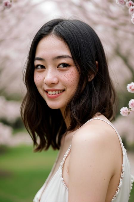 photograph of a cute girl,blackhair,pale skin,freckles,blush,innocent,blossom festival,Porta 160 color,shot on ARRI ALEXA 65,bokeh,sharp focus on subject,shot by Don Giovanni,nsfw,kind_smile,in summer,absurdres,japanese_clothes,mid_shot,