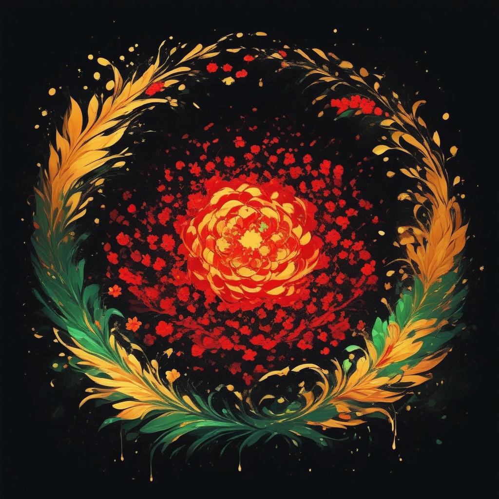 abstractzyrnox, abstract, abstract art, illustration, anime, black and gold, red and gold, ((green flower), simple background, dark background), melting