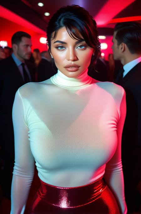 A photorealistic image of kl jnnr woman, at a red carpet event, dressed in an elegant turtleneck sweater, with neon lighting reflecting her bold makeup, in a bustling Hollywood setting, captured in a third-person perspective with fish-eye lens, in a glossy magazine cover style, adding dramatic and cinematic effects, analog film grain, bokeh