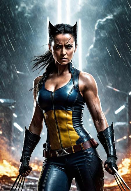 High resolution ultra-realistic of Beautiful Wolverine/Logan vs Laura Kinney/X-23, cinematic lighting, Marvel style, Wolverine and X-23 stand side by side in battle pose on a bloody and stormy battlefield, 8k, realistic modern Wolverine X-Men yellow and black combat costume, gazing straight ahead, dirty face, full body, ultra realistic, cinematic style, athletic figure, day lighting, sharp focus, digital painting, Photograph Taken on Nikon D750, Alphonse Mucha, Hyperdetailed, hyperrealism, aesthetics reminiscent of X-Men, Attractive, asymmetric balance