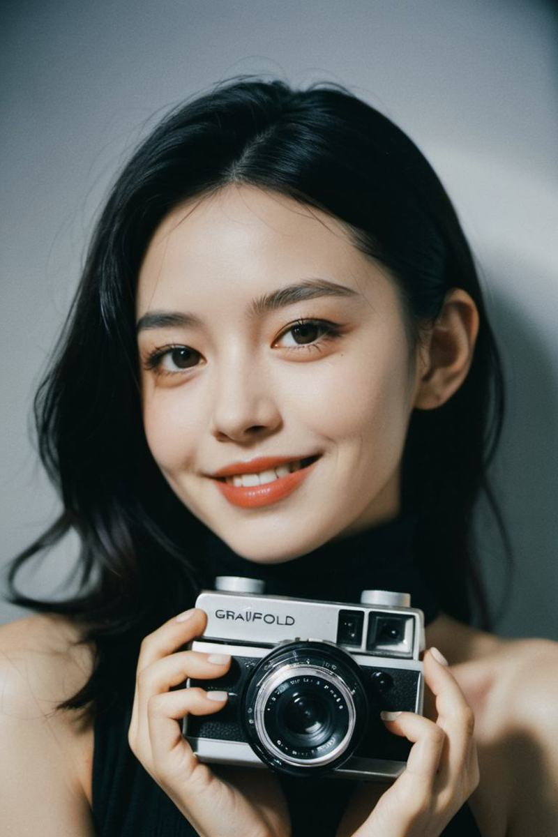 Asian woman with black hair holding a Graifold camera.