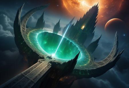 (((From above))),(breathtaking, masterpiece, absurdres, best quality, high quality, highres, ultra-detailed). In the infinite cosmos, an iridescent nebula cast radiant hues upon a lone planet—a sapphire and emerald jewel glistening in the celestial expanse. On its surface, two cities stretched in stark opposition yet bound by a shared destiny.
The City of Light gleamed with crystalline towers that pierced the skies, their surfaces alive with radiant energy. Bridges of light arched gracefully between structures, while airborne vessels glided effortlessly, leaving trails of vibrant color. The streets glowed with golden hues, radiating an aura of hope, progress, and celestial harmony. This city stood as a beacon of innovation and brilliance, its beauty unmatched in the cosmos.
In contrast, the City of Darkness sprawled as a shadowed labyrinth of jagged obsidian towers. Dim, spectral light seeped from its depths, casting eerie shadows over twisting streets. Dark vessels drifted silently through the gloom, their faint, cold glows reflecting the city’s enigmatic and forbidding power. The very air pulsed with mystery, embodying strength forged in secrecy.
At the center of these realms stood the Temple of the Eternal Flame, where light and shadow converged. Its architecture fused the luminous elegance of the light city with the dark grandeur of its counterpart. At its summit burned the eternal flame, a symbol of unity, harmony, and balance between the two realms.