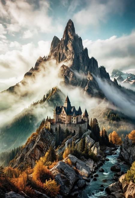their peaks veiled in mist. mixed media, surrealism, great lighting, A surreal landscape highly detailed . extremely high-resolution details,  appears trapped in an optical illusion of reflections and refractions colorful , professional photography, natural lighting, GhostlyStyle, volumetric lighting maximalist. intricately detailed, complex, elegant, expansive, fantastical, film photography style,  medium grain,GhostlyStyle