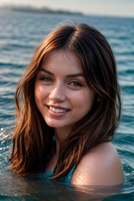 face closeup photo of anamr <lora:AnaDeArmasV2Dogu:1> smiling,  floating in a (ocean:1.2), detailed skin, shimmering water, 8k uhd, dslr, soft lighting, high quality, film grain, long hair, 4K, HDR, outdoors, sunny, portrait photo