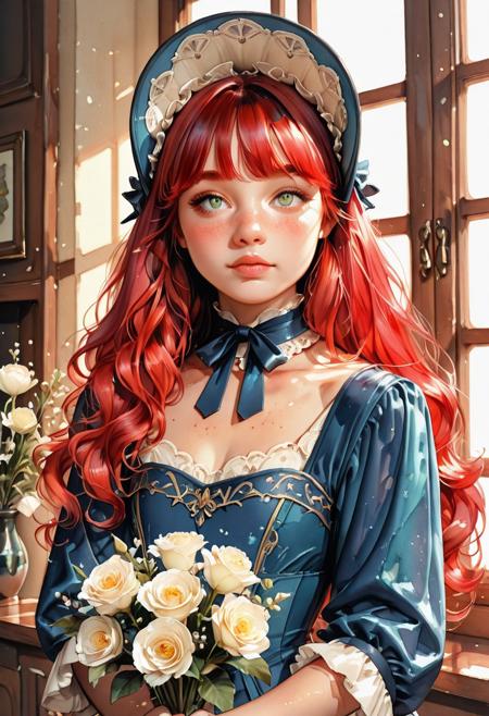 ( watercolor):2, (pastel colors), high detail, (lineless:1.2), (realistic), detailed, depth of field, dynamic lighting, masterpiece, detailed_eyes, high_quality, best_quality, highres, (muted colors), pencil lines,
hyperrealistic, realistic, photorealistic, photography, real, well detailed, High resolution realistic photography, precise details, depth of field, soft shadows, adequate contrast, natural lighting, realistic textures, photorealism, realistic portrait, ray tracing, physically based rendering, 
1boy, femboy , otoko no ko, crossdressing, solo, soft curly hair, red hair, beautiful eyes, detailed eyes, emerald eyes, green eyes, bangs, wavy hair, very long hair, fair skin, faint freckles, blush, red cheeks, mole, gold jewelry, bonnet hat, unkept hair, blue Victorian dress, renaissance collar, Victorian era, charming, beautiful, cute, delicate,  distressed look, looking slightly sideways,  white background, 
holds a bouquet of white flowers in his hands, the bouquet covers his lower face, pink wet lips,