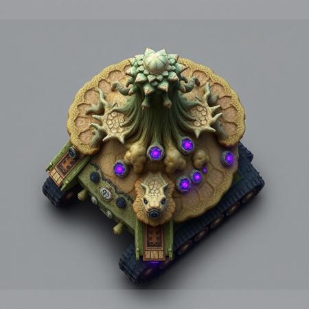 ((top view)), (tank),
Tall tank with fungal tower rising from the center and spreading cap-like armor out over the body.
Chassis: Coral-like chitin plating, semi-organic with branching root textures. Slight iridescence in shifting light.
Tracks: Short, stocky treads with fungal lattice stabilizers over each corner.
Details: Central tower leaks bio-mist during idle. Crust-like armor plates pulse faintly as mycelial network reconfigures.
Lights: Purple luminescence from fungal nodes. Spore lamps blink in repeating bio-patterns.