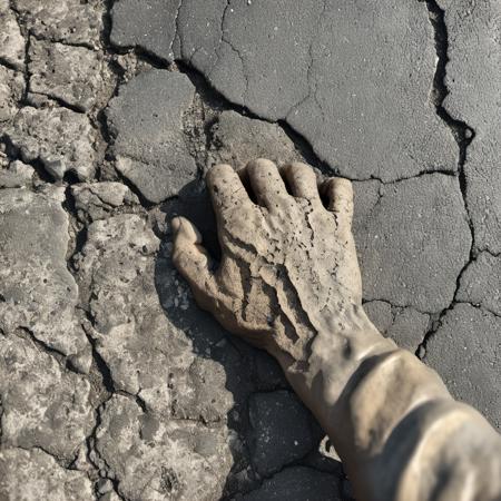 barnum-sepia cinematic photo hand in fist sculpture, cracked asphalt texture, weathered, dark,  wet, cracks, simple background
 <lora:asphalt-SDXL-m:0.7> <lora:treebark-SDXL-s-exp:0.7> , evening . 35mm photograph, film, bokeh, professional, 4k, highly detailed