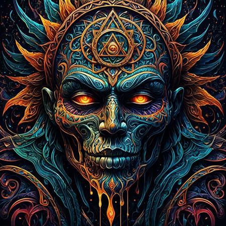 Finely detailed vector illustration. occult symbols, symbols of power,, close-up of face, ultra realistic quality, interwoven pattern, dark gradient background, hyperdetailed, intricately detailed,  triadic colors,fantastical,intricate detail,splash screen,complementary colors, fantasy concept art, 8k resolution, masterpiece, oil painting, thick strokes, paint dripping, vapors, glow