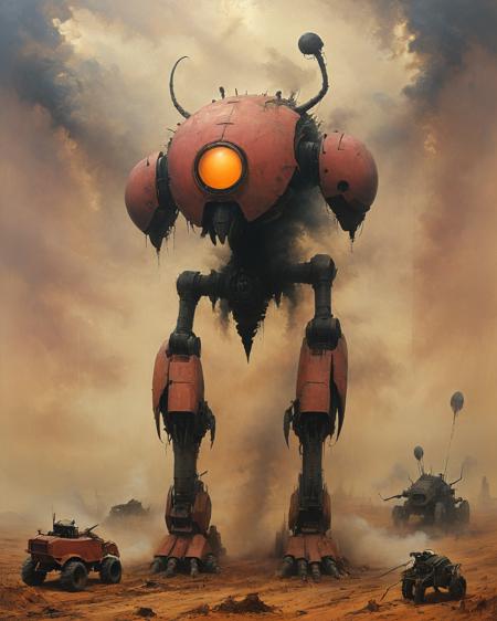insect, humanoid, tractor-c 1 3, (germ smail, nightmare), giant robot wings, heavy fog clouds in a desert, (wayne barlowe and zdislaw beksinski:1.21), hard synthwave, highly detailed  <lora:add-detail-xl:0.75>  <lora:xl_more_art-full_v1:0.5>