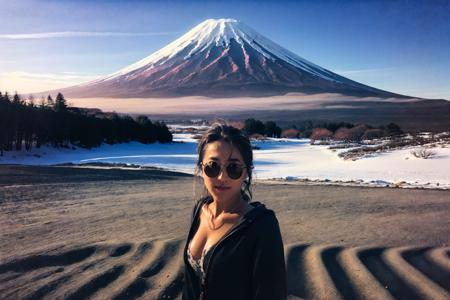 Selfie photo,(masterpiece, best quality, high quality, highres, ultra-detailed,8k),HDR,vivid color,(24mm lens:1.2),
(golden hour:1.2),winter,A girl,(Mount Fuji) in the background,
(beautiful shadow,low key),(photorealistic, raw photo:1.2), <lora:fandaoai:0.8>