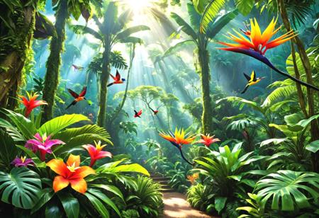 a tropical rainforest alive with the sounds of exotic birds and insects, where sunlight filters through the dense canopy overhead, illuminating the vibrant colors of rare flowers and lush foliage.