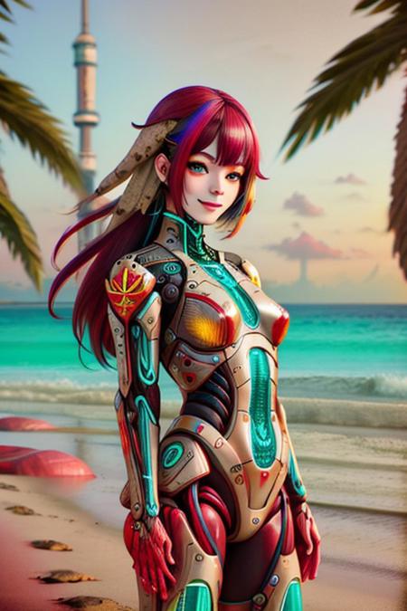 420futurism, (anatomically correct:1.7), medallion, score_9, score_8_up, score_7_up, score_6_up, masterpiece, Professional headshot. Detailed face. Highly detailed beautiful expressive eyes, (multi colored hair:1.4), glamorous, big twisted long hair. Mischievous Smirk. Light makeup. Studio lighting. Photorealistic, Natural atmospheric lighting, intricate details, 35mm photograph, film, professional, 32k visuals, highly detailed, elegant, studio quality, perfect body and face, absolutely outstanding image, fitness model, 32 years old, (gentle smile:1.4), aged mature female, (aged skin:1.3), persuasive, stern look. hands out of view, scenery, beach, tropics, (red:1.7), (beige:1.7), hemp clothing, cyberpunk,  futuristic, neon, hemp cyber suit, fully dressed. hemp palm tree.