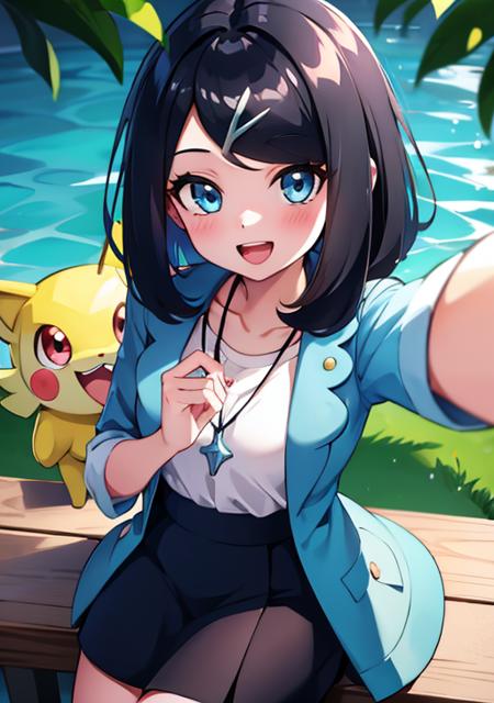 <lora:liko:0.4>, liko, 1girl, looking at viewer, blush, smile, open mouth, bangs, blue eyes, skirt, shirt, black hair, hair ornament, jewelry, sitting, jacket, white shirt, :d, open clothes, shorts, teeth, tongue, hairclip, black skirt, medium hair, water, necklace, coat, eyelashes, pokemon (creature), upper teeth only, open coat, selfie, pokemon on shoulder