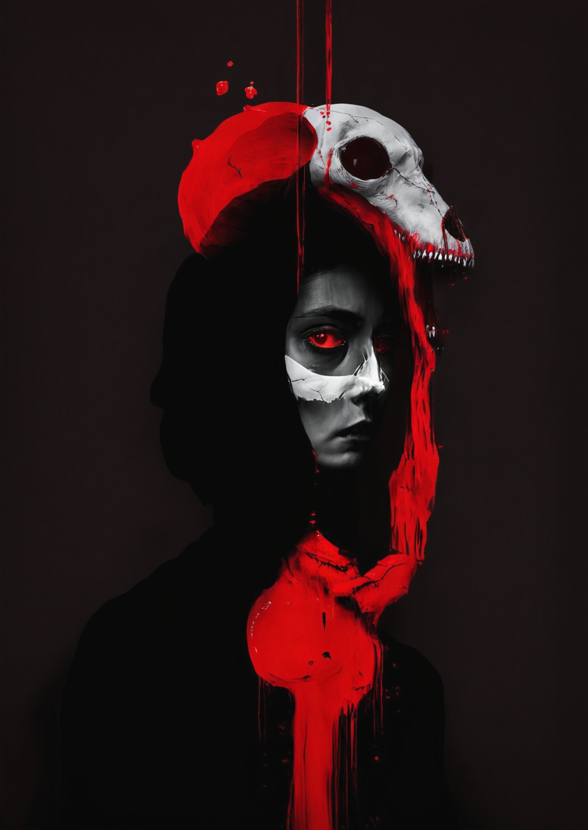 A dark and eerie painting of a woman in a mask with a skull above her head.