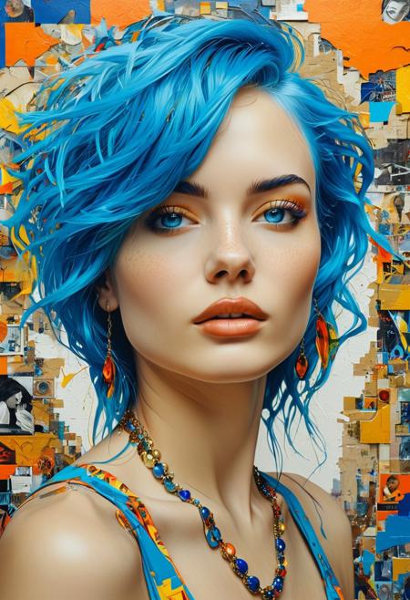 A captivating woman with electric blue hair, whose look is reminiscent of multi-layered collages and bold street art, graces this striking portrait. Her features are a mesmerizing blend of fragmented icons, her eyes intensely rendered with crossed colors. The painting, showcasing hyper-realism and an edgy style, exudes an air of celebrity and allure. The tremendous attention to detail and vibrant colors transform this image into a remarkable work of art, masterfully merging elements of pop culture with refined technique.