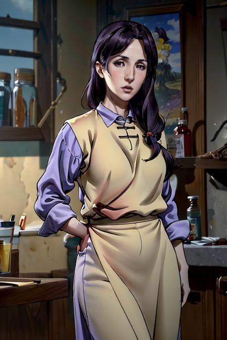 (masterpiece:1.4),(best quality:1.4),(absurdres:1.4),pin-up,okasan_Garo_aiwaifu,brown eyes,shirt ,large breasts, wide hips, purple hair ,apron,low-tied long hair ,collared shirt ,dress ,lips ,hair over shoulder,(absurdres, highres, incredibly_absurdres:1.4),scenery,masterpiece,