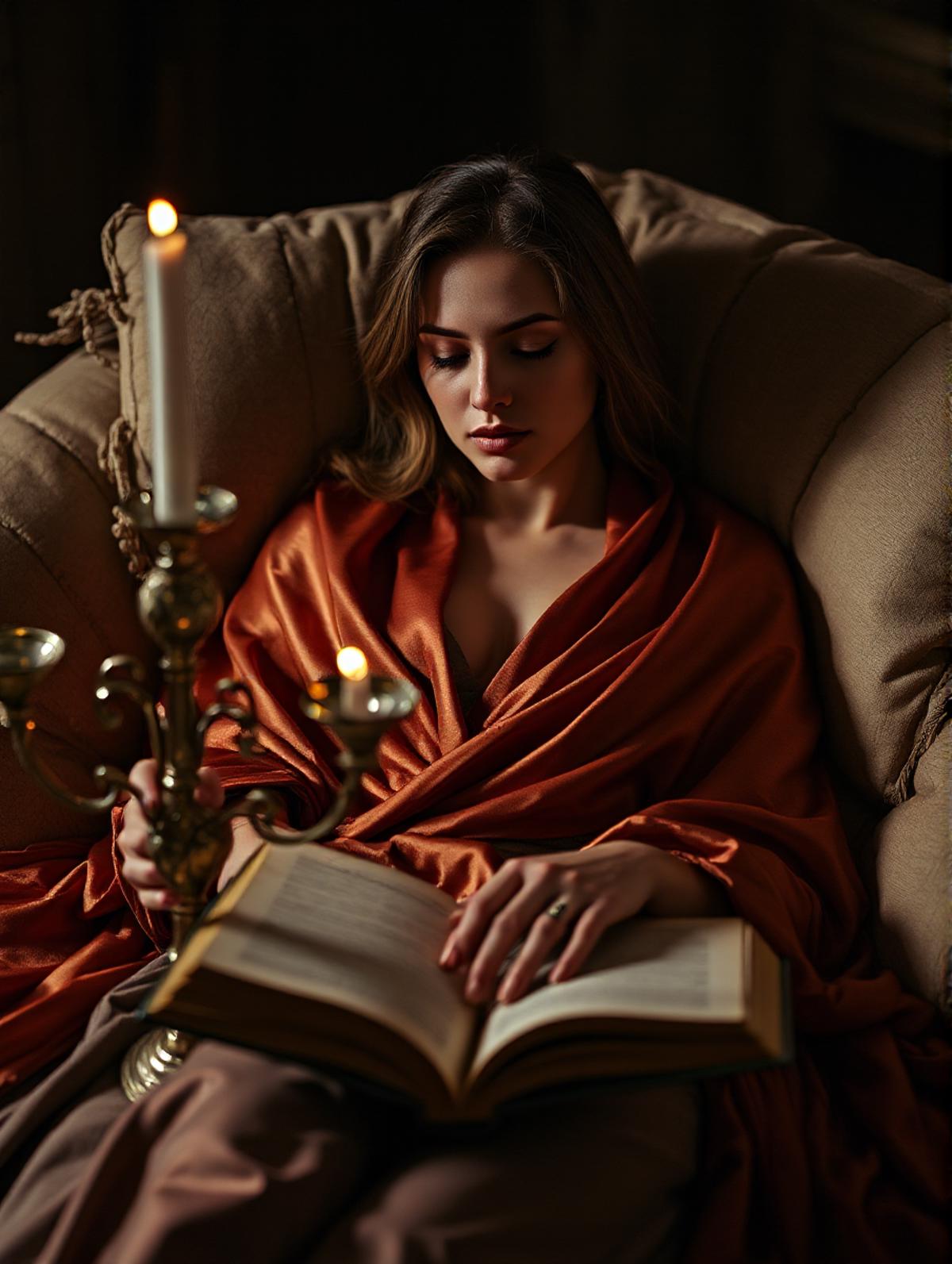 Wrapped in a sumptuous silk shawl, the woman reclines on a pile of soft cushions, a slender silver candelabra casting flickering shadows across her face as she ponders the mysteries of the ancient tome spread open before her