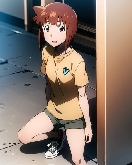 aizawa_eiko, short hair, 1girl, solo, brown eyes, red hair, yellow shirt, grey shorts, sneakers,  <lora:aizawa_eikoV1:.8>  
 <lora:rebuildOfEvangelion_v4b-26:.5>