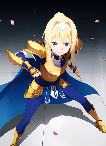 alicization anime style <lora:alicization_anime_style_offset:1>, alice zuberg, 1girl, armor, armored dress, blonde hair, blue cape, blue eyes, bow, braid, braided ponytail, cape, closed mouth, cracked floor, energy, fantasy, fighting stance, floating hair, gauntlets, glowing, gold armor, hair bow, hairband, knight, long hair, looking at viewer, low-tied long hair, petals, serious, shadow, sheath, shoulder armor, solo, standing, white bow, white hairband, ((masterpiece))