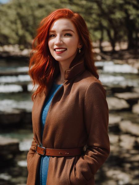 4nn41is3ba550, red hair, hazel eyes, smile, t-shirt, brown coat, blue jeans, belt, outdoors, pier, <lora:Annalise_Basso_PMv1a_LyCORIS:1>, Photorealistic, Hyperrealistic, Hyperdetailed, analog style, detailed skin, matte skin, soft lighting, subsurface scattering, realistic, heavy shadow, masterpiece, best quality, ultra realistic, 8k, golden ratio, Intricate, High Detail, film photography, soft focus