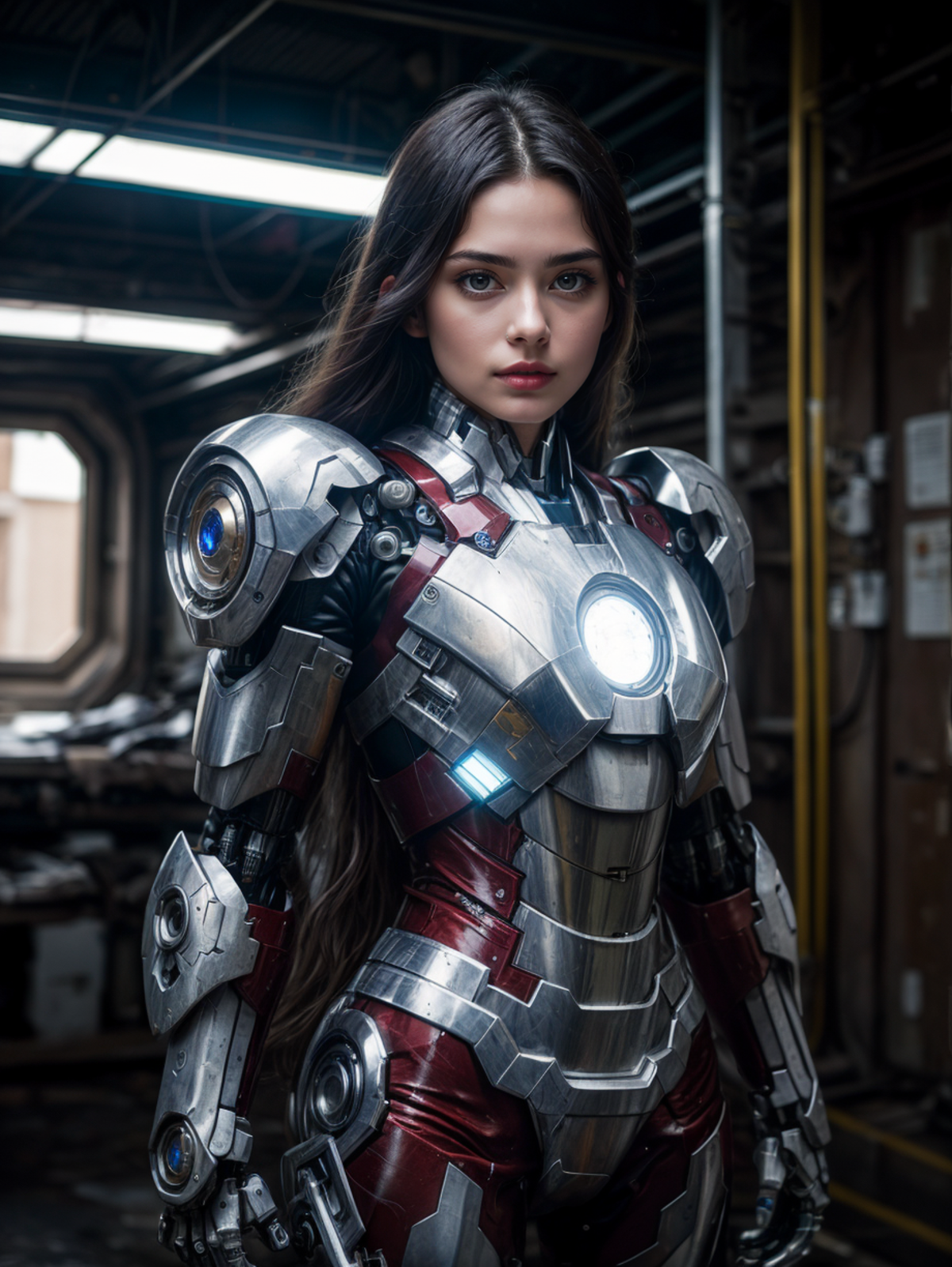 A female Iron Man suit with a red and silver design.