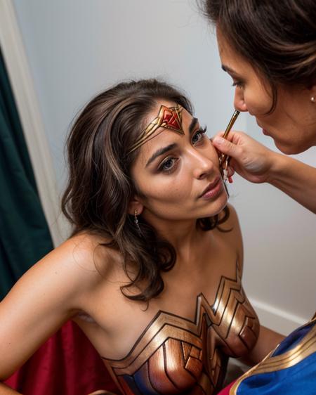 uniformsbodypaint, wonder woman uniform, brown haired woman, red sleeveless with gold chest shirt, blue shorts, from above, 1woman painting wonder woman's face, solo focus, blue carpet, white walls, white arm guards, white tiara,  flash lighting, shot on a RED digital cinematic camera, Sigma 85mm f/1.4, pores, highly detailed skin, cellulite, goosebumps, highly detailed hair, fine fabric thread detail, ((full shot), shot by Weegee, <lora:hairdetailer:0.45><lyco:hd_helper_v1:0.45><lora:epi_noiseoffset2:1><lora:uniformsbodypaintv4-05:1>