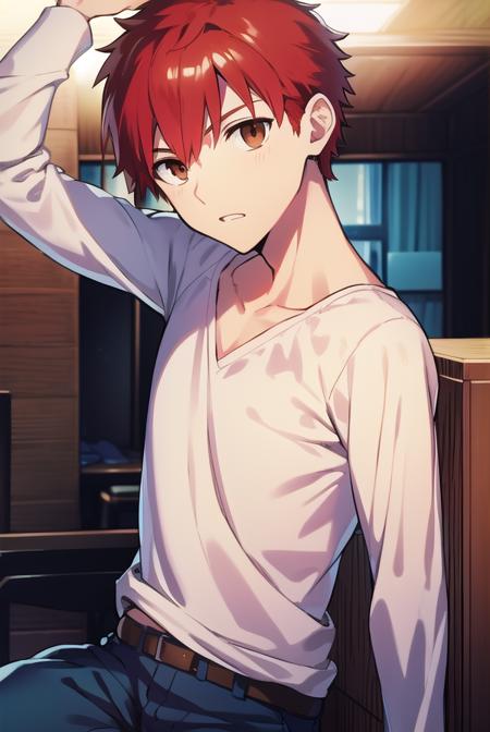 shirouemiya, <lyco:shirouemiya-LYCORIStest:1>, 
shirou emiya, 1boy, (red hair:1.5), spiked hair, (brown eyes:1.5), mature male,
BREAK blue pants, collarbone, pants, shirt, long sleeves, white shirt, raglan sleeves,
BREAK looking at viewer,
BREAK indoors, classroom,
BREAK <lora:GoodHands-vanilla:1>, (masterpiece:1.2), best quality, high resolution, unity 8k wallpaper, (illustration:0.8), (beautiful detailed eyes:1.6), extremely detailed face, perfect lighting, extremely detailed CG, (perfect hands, perfect anatomy),