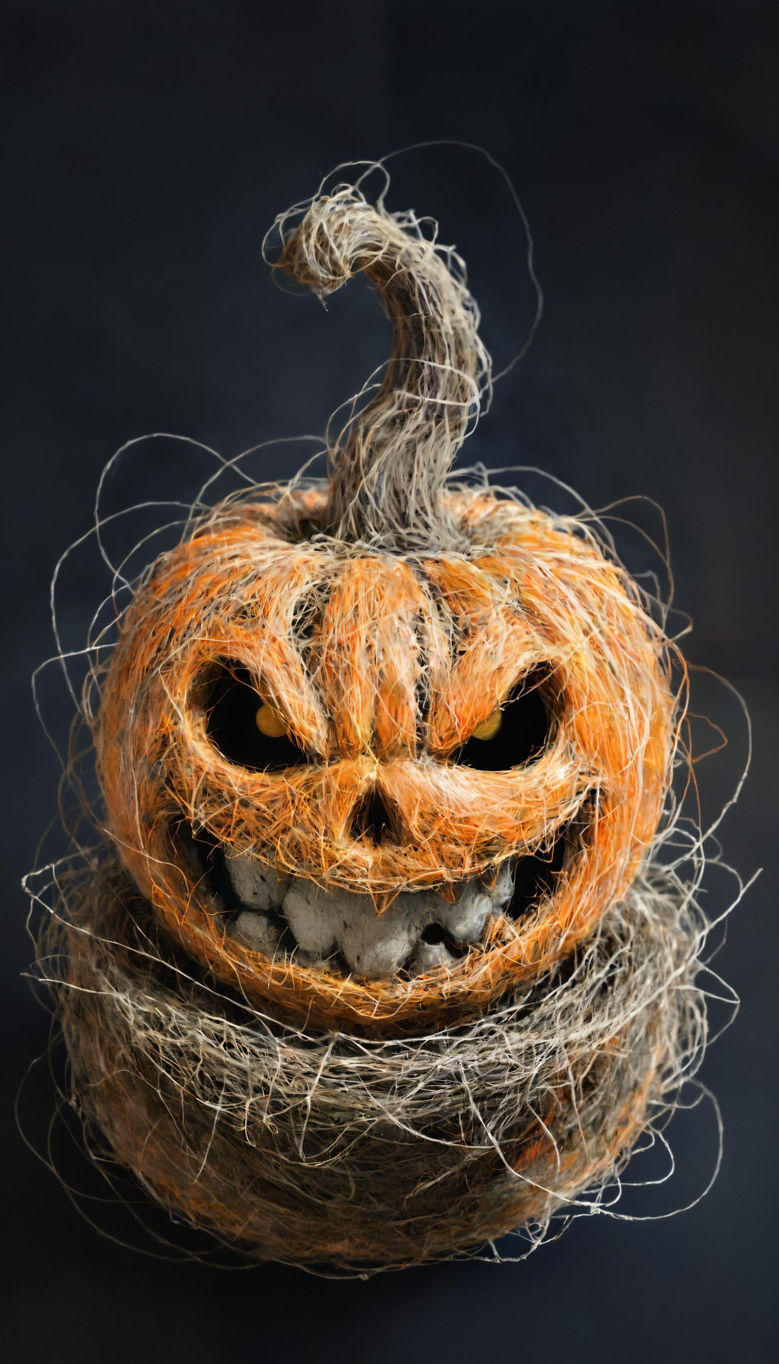 A scary pumpkin with yellow eyes and a fuzzy mouth.