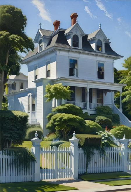 <lora:03realismPainting_Hap_XL:2.6>, realism,American art,oil painting, house, white, picket fence, garden, trees, summer, sunlight, Victorian architecture, residential, blue sky, shadows, greenery, home, front yard, peaceful, suburban,