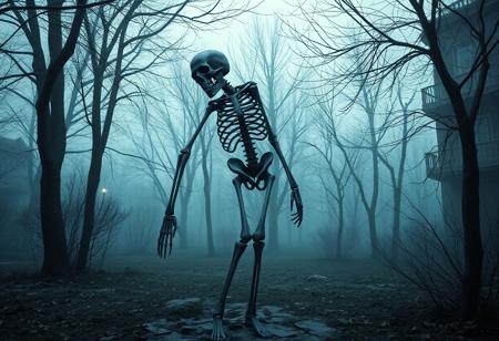 "Create a highly detailed, grimdark cyberpunk skeleton scene. The skeleton, long and skinny, is inspired by Ernő Rubik and Kristian Kreković, with undead skin texture in cold hues. Set in a Soviet yard within a spooky mansion park. Consider Denis Villeneuve and Greg Rutkowski's styles, with a right-hand view and smooth, fractal lines. Aim for a 4K or 8K, photorealistic, high-definition image, trending on ArtStation."