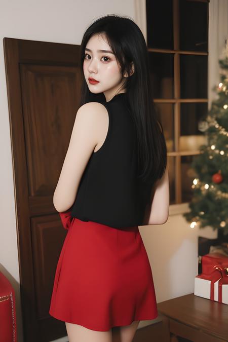 1girl, (photorealistic:1.3), (a gorgeous beautiful 18 age years old sexy korean women ), (kpop idol, korean mixed), long hair, (Christmas lights), <lora:GoodHands-beta2:1>, <lora:InstantPhotoX3:0.3>, ((((film grain)))), ((Christmas costume)), (Santa costume), Santa hat, (((red skirt))), Christmas tree, ((Christmas decoration)), see-through