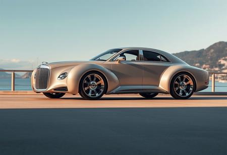 Luxury, elegant four-door sedan car with smooth lines, large wheels, distinctive front grille, and sleek retrofuturistic body design in side view yfg-sde, elongated body profile, prominent wheel arches in the style of the 30s of the 20th century, аrched roof line. On the French riviera.