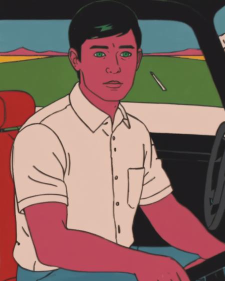 a man in a car with a steering wheel , solo, short hair, shirt, black hair, 1boy, green eyes, white shirt, male focus, parted lips, collared shirt, ground vehicle, portrait, motor vehicle, car, limited palette <lora:Wake_Up_sdxl:0.75>