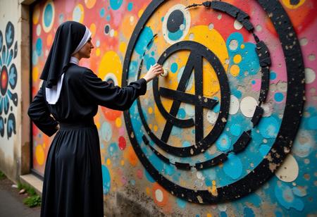 nun spraying anarchy on a wall