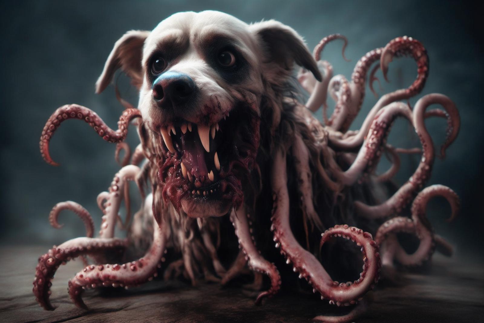 A dog covered in fake blood and teeth, with an octopus on its head.