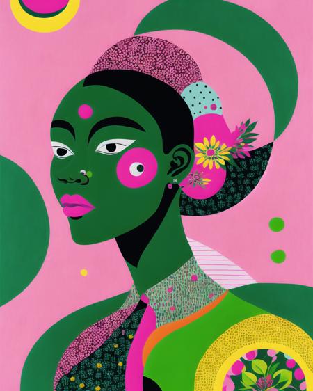 a painting of a woman with pink circles on her face and a flowered shirt on her shoulders, with a green background, Chinwe Chukwuogo-Roy, in gouache detailed paintings, an ultrafine detailed painting, naive art, pattern, ,  <lora:Graphic_Portrait_SD15:0.7> , Graphic_Portrait