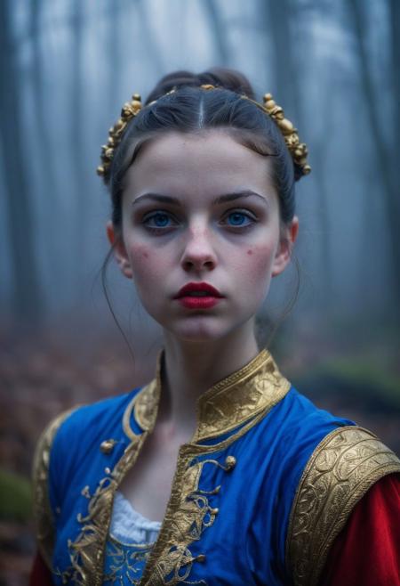 Close Up shot of  Snow White as a little warrior, she IS a very young girl, bun hairstyle, beautiful, blue blouse, red collar, gold skirt, wind, at night, fog, mist, forest at the background, National Geographic photography awarded masterpiece