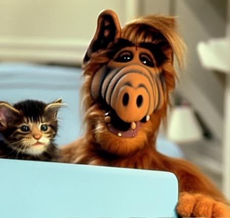 alf person with a( kitten in his mouth:1.2). Wide smile, (cute kitten:1.34).