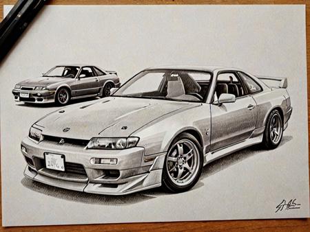 pencil drawing, masterpiece, car, Nissan 240SX S13