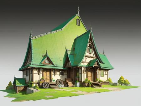 HEZI,Game single building scene,best quality,highly detailed,masterpiece,ultra-detailed,illustration,yishuhui,architecture,no_humans,solo,flower,outdoors,tree,gradient,gradient_background,grass,plant,ground_vehicle,building,scenery,motor_vehicle,architecture,house,<lora:20231226-1703586512255-0005:0.6>,