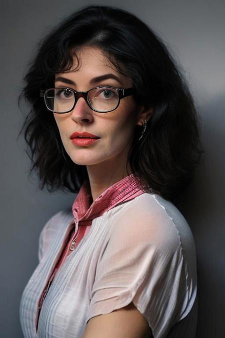 a half-body portrait of a 50-year-old woman with captivating round glasses, short dark hair, a sensual mouth, a graceful neck, and a distinctive, slightly arched nose. The glasses frame her expressive eyes, hinting at a wealth of experiences. The short, dark hair complements her confident demeanor, and the subtle curve of her nose adds character