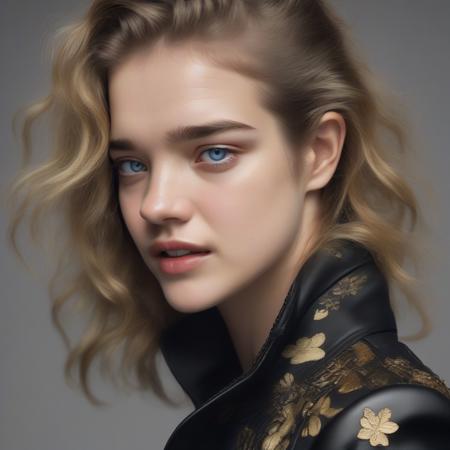 <lora:nataliavodianova_sdxlr:1> nataliavodianova, (Candid 1.3), photo of a vivacious woman supermodel, Striking eyes, voluminous thick wavy hair, tied back, post-apoc Geisha Aesthetic, lipgloss, wearing intricately detailed tactical Flak Jacket, looking at viewer, seductive expression, (upper body shot:1.3), Studio lighting, shot using a Lumix GH5 in the style of (Thierry Mugler) High detail, intricate, detailed face, detailed eyes, detailed skin, Plain Backdrop