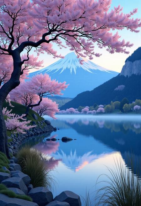 Mh1$AgThS2, intricate linework with expressive contrasts, soft lighting with dynamic highlights, a tranquil large lake in the uplands, sakura trees, blossom, mist, dawn, reflection, with mount fuji in the distance, no humans, In the style of ff-td