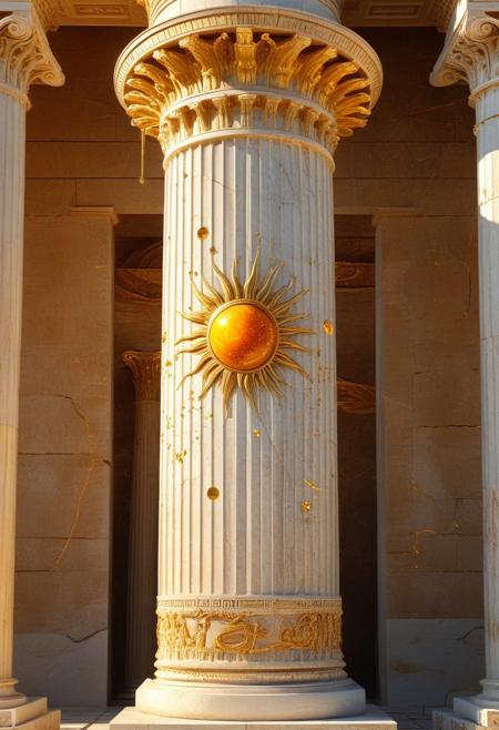 a monumental classic Greek statue depicting a grand pillar wrapped in sculpted solar flares, carved from radiant amber-infused marble, golden filigree tracing celestial constellations along its surface, the top adorned with a hovering sun disk held by delicate chains of orichalcum, molten gold slowly dripping down the sides as if time itself is melting, the surrounding ruins reflecting its warm light, cinematic atmosphere, ultra-HD sculpting, hyper-detailed engravings