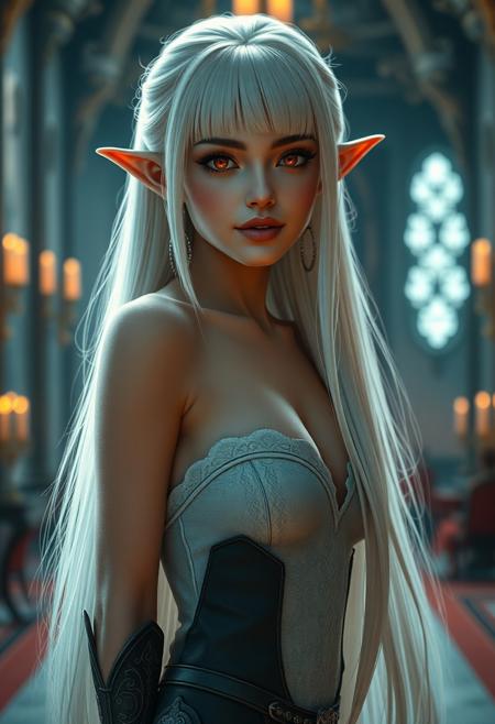 (Smooth Quality:0.8),masterpiece,best quality,amazing quality, absurdres, ultra-HD, 8k, fit body, raytracing, soft lighting, volumetric lighting, ambient occlusion, absolutely eye-catching, highest quality, usnr, (cinematic composition:1.3), depth of field, (adult), (mature female:1.2), very aesthetic, smooth image, (detailed face and eyes), mesmerizing gaze, sharp focus, warm lighting, semi realistic, girl emphasize body relief, shadow, masterpiece, best quality, 32k, high resolution, absurdres, 
1girl, elf girl, albino white hair, albino white eyebrows, (((colored eyelashes, albino white eyelashes:1.5))),  oval face, blunt bangs, long hair, straight hair, glowing red eyes, slim, small breasts, red lips, sexy smile, silver earrings, (beautiful full lips), (wide hips), (sexy thighs), (thin thighs), high heel boots, full body focus, fantasy medieval castle interior, sexy smile, small oni horns, red oni horns, tiny red oni horns, strutting down the hallway of a high fantasy castle.  full body <lora:MoriiMee_Gothic_Niji_Style_Illustrious_r1:0.6> <lora:USNR_STYLE_ILL_V1_lokr3:1> rave dress(very short dress)(tiny dress), sideslit, bimbo, dmngrlz, aidmafluxproultra