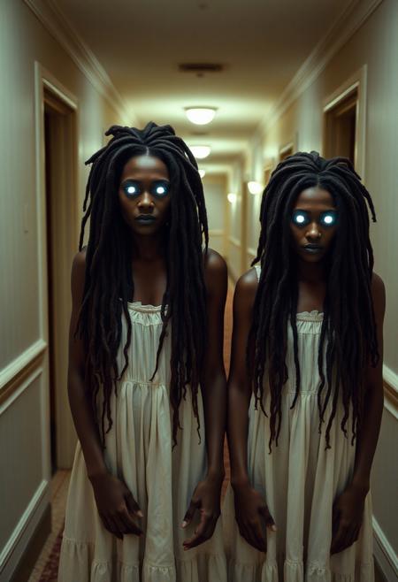 a photograph of two creepy brown skinned adult women twins with a blank facial expressions with glowing white eyes, wearing vintage dirty white babydoll dresses, wild long dreadlocks that completely cover their face, they are standing at the far end of a long hotel corridor, analog photo, Sony - Cinema Line FX30 Super 35 Camera, inspired by The Shining by Stanley Kubrick.