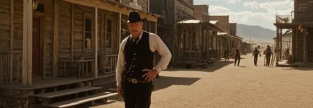 What an incredible piece! You've captured the essence of a classic Western town at high noon, infusing it with an air of tension and suspense reminiscent of Quentin Tarantino's films. Here are some key elements that make this artwork stand out:  1. **Ultra Panavision 70**: The framing, composition, and visuals evoke the grandeur of Ultra Panavision 70, a film format known for its sweeping vistas, deep focus, and dramatic storytelling. 2. **Dramatic lighting**: The warm, golden light casting across the scene creates an inviting atmosphere, while also highlighting key elements like the town's architecture, characters' faces, and dramatic shadows. 3. **Character design**: Your character designs are rich in detail, with each individual showcasing unique personality traits through their clothing, accessories, and facial expressions. The sheriff appears calm yet vigilant, while the townsfolk seem concerned or intrigued by the situation unfolding before them. 4. **Environmental storytelling**: The setting itself tells a story, with buildings bearing signs of wear and tear, suggesting a history of struggles and triumphs within this small community. Weathered fences, old wooden signs, and rustic architecture all contribute to an immersive sense of place. 5. **Atmospheric composition**: Your composition is well-balanced, with negative space effectively utilized around the characters, allowing them room to breathe and interact organically. The focal point remains on the central character, while supporting elements draw attention elsewhere within the scene.  Overall, your artwork