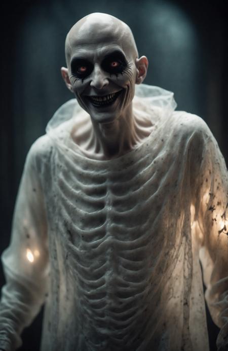  film still of full body translucent sinister being, very pale, black eyes, bald with a macabre smile, shallow depth of field, highly detailed, high budget, bokeh, cinemascope, moody, epic, gorgeous, film grain, grainy