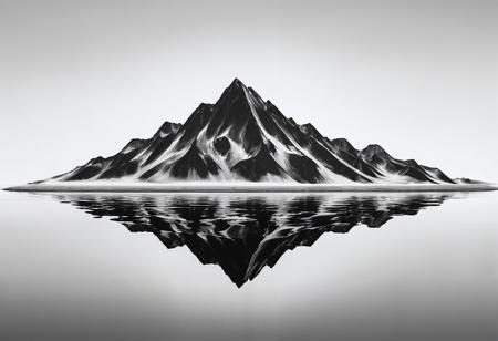 Sleek minimalistic photograph of a (mountain range silhouette crafted from black polished spheres:1.5), against a pure white reflecting surface